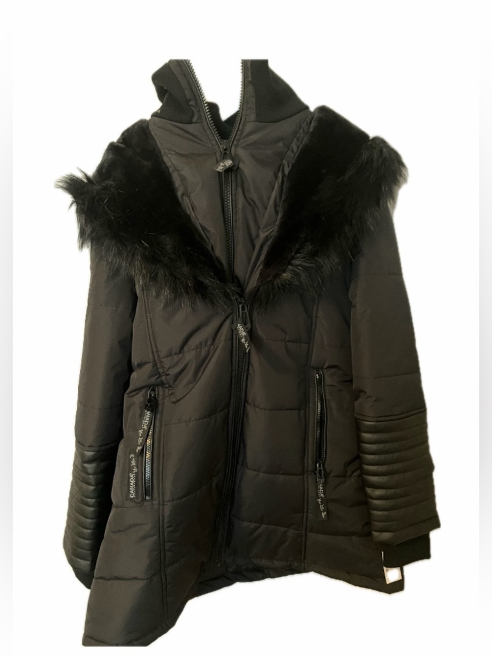 Women's Black Puffer Coat/Parka with Faux Fur Trim and Faux Leather Ribbing